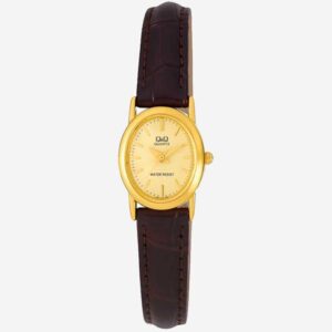 Reloj Q&Q Mujer Dorado Pulso De Cuero Fino Dama Con Estuche
