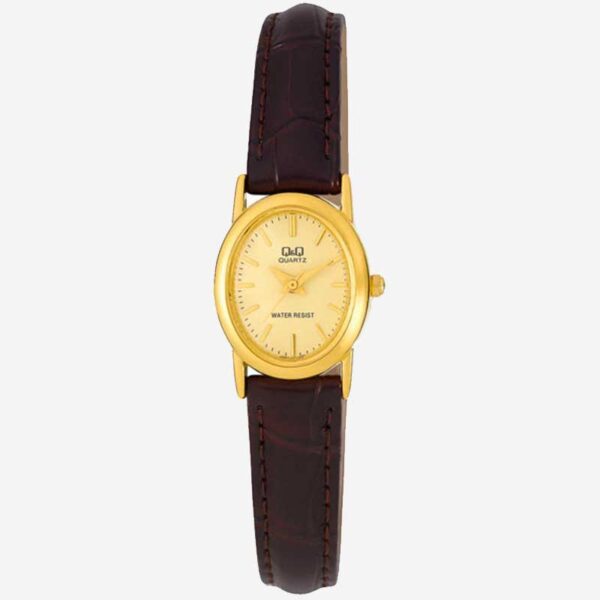 Reloj Q&Q Mujer Dorado Pulso De Cuero Fino Dama Con Estuche