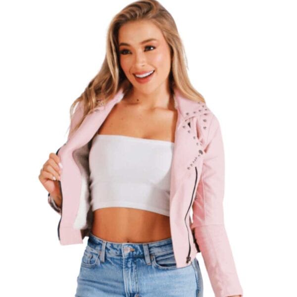 Chaqueta Rosa Para Dama Chamarra Rosa Con Taches - Image 3