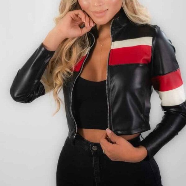 Chaqueta Negra Para Mujer Combinada En Cuero Tex - Image 3