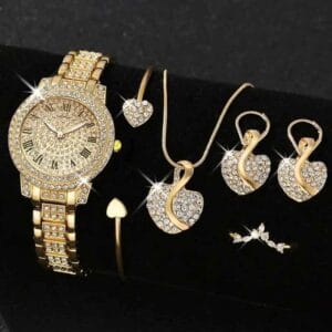 Reloj De Cuarzo Dorado Con Incrustaciones 6 Piezas